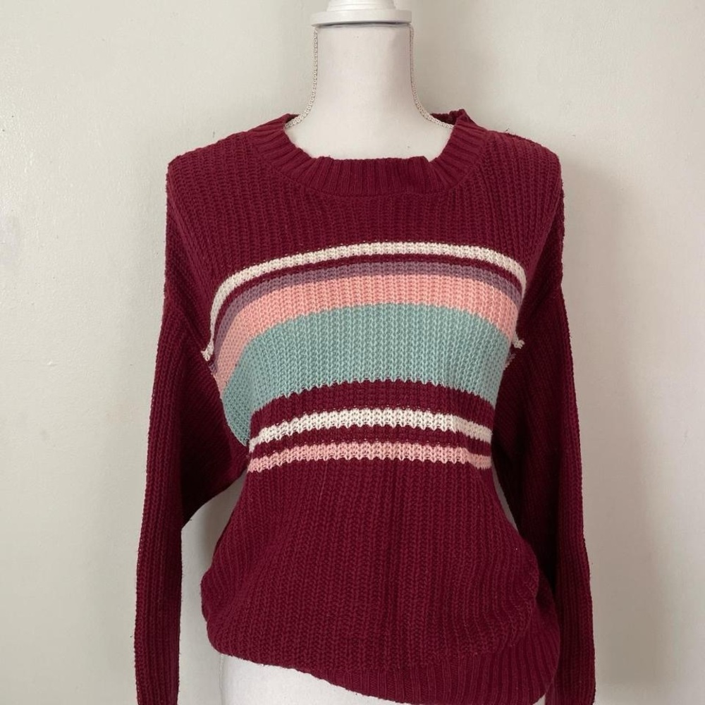American Eagle Outfitters Red and Pink Crew Neck Sweater with Vintage Stripes
